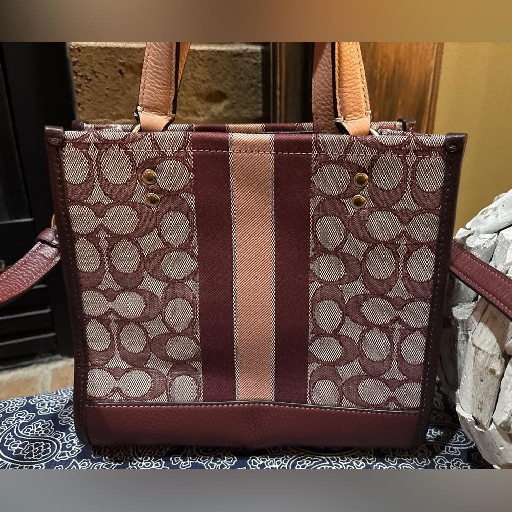 Coach Dempsey Tote 22 Crossbody Bag - Signature Canvas Stripe - Wine/Burgundy - Picture 3 of 7